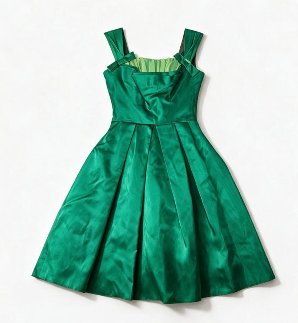Vintage 50s XS Emerald Green Dress Taffeta Fit Flare Union Made Cocktail Pin Up